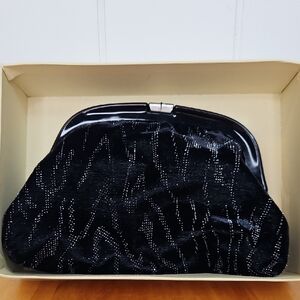Vintage 1960s Evening Bag Clutch Bag Black Velvet Silver Pattern Made In ITALY
